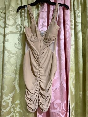 Beige Ruched Bodycon Dress with Embellished Straps
